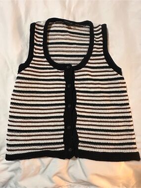 Ann Taylor Striped Crochet Sleeveless Top in Black, White & Brown